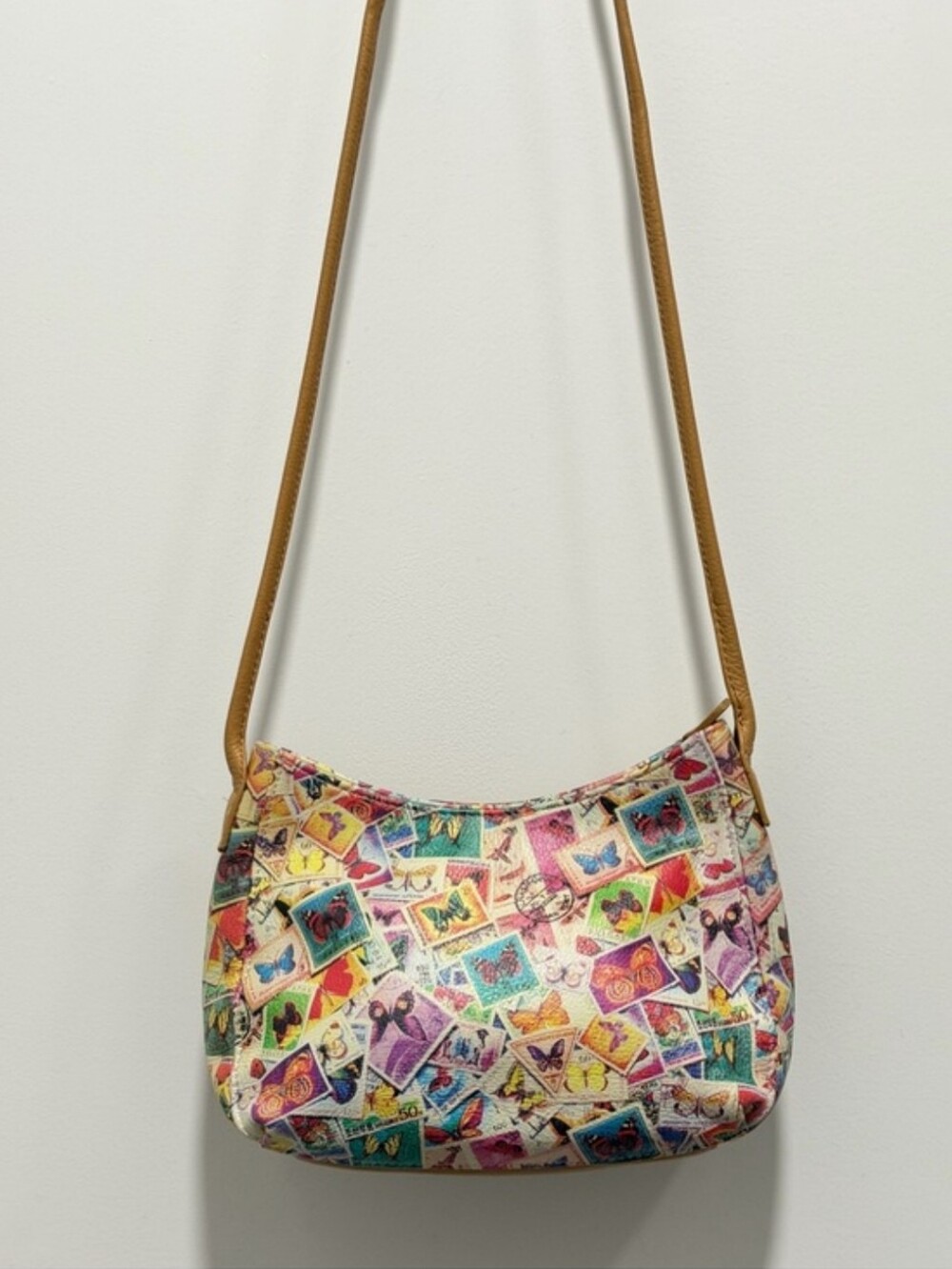 Vintage Fossil Butterfly Stamp Crossbody Bag Handbag Tan Multicolor Leather Y2K - Picture 6 of 10